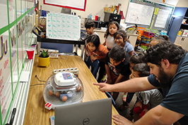  Students and a teacher look at an incubator full of eggs.